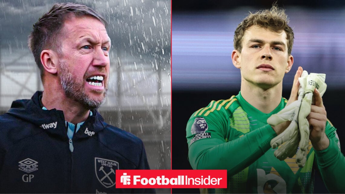 An image of West Ham boss Graham Potter in a rain storm next to goalkeeper Mads Hermansen