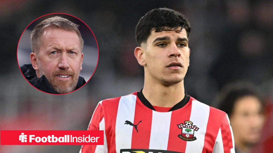 A headshot of West Ham boss Graham Potter in a circle next to Southampton star Mateus Fernandes