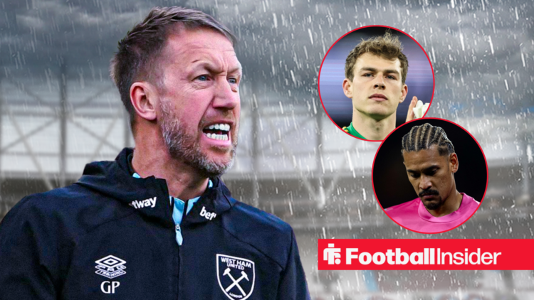 West Ham boss Graham Potter upset with goalkeeper Mads Hermansen looking forward and clapping and teammate Alphonse Areola looking dejected at the ...