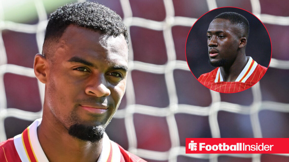 Ryan Gravenberch looks at Liverpool teammate Ibrahima Konate