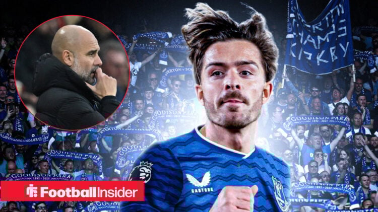 Jack Grealish in an Everton kit, Pep Guardiola in a circular inset