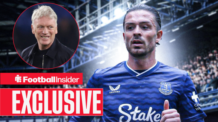 Jack Grealish in an Everton kit, David Moyes smiling