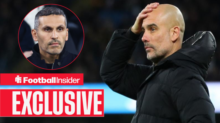 Pep Guardiola looks stunned, Khaldoon Al-Mubarak in a circular inset
