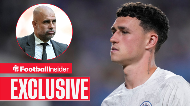 Man City star Phil Foden looks across at Pep Guardiola in circular inset