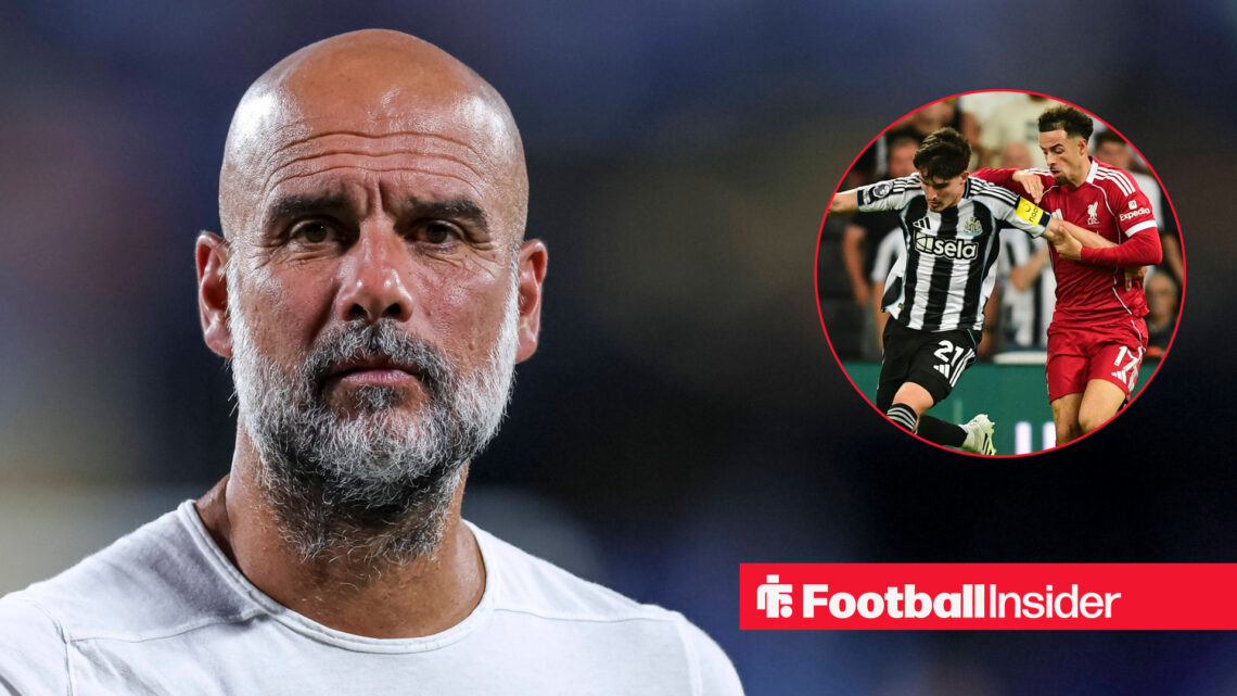 Pep Guardiola looking on during a Man City match next to an image of Tino Livramento battling Curtis Jones