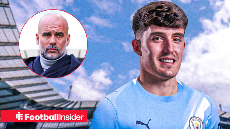 Man City manager Pep Guardiola looks at Newcastle defender Tino Livramento