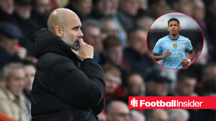 Pep Guardiola on the touchline, Savinho in a circular inset.
