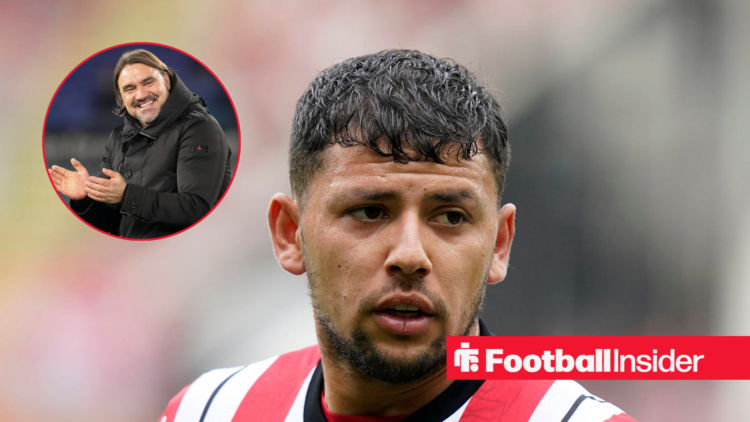Gustavo Hamer in a red and white Sheffield United kit and Daniel Farke in a black coat in a circle
