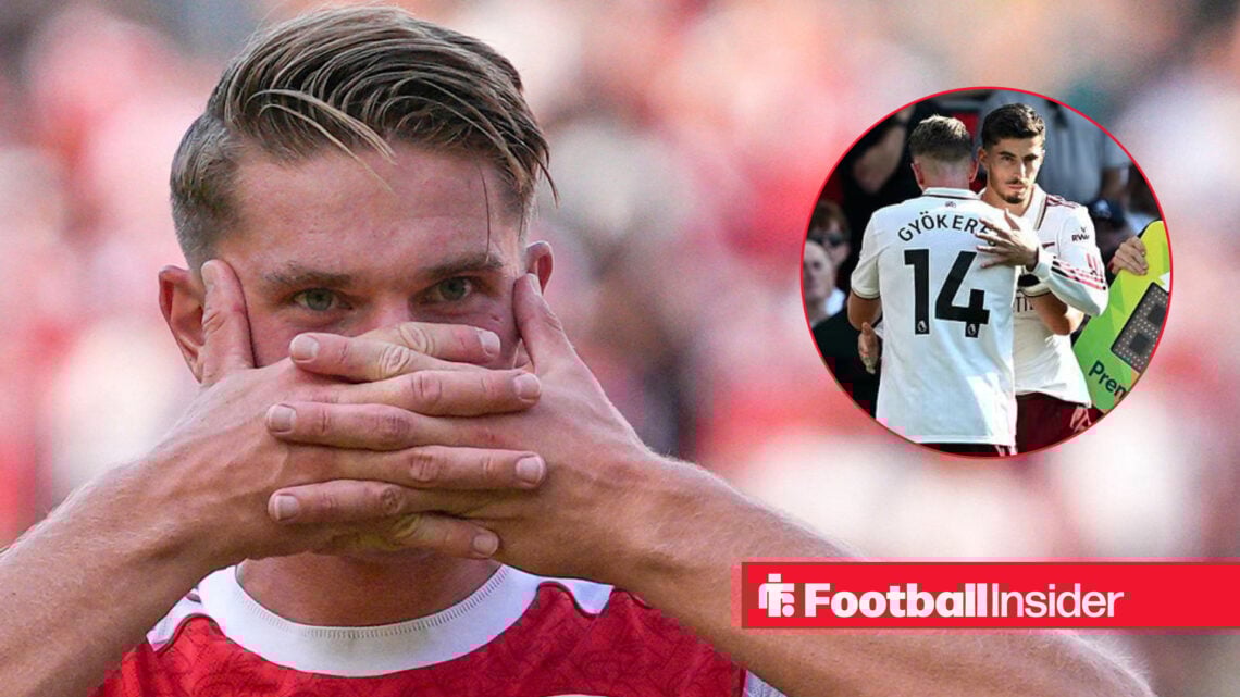 Viktor Gyokeres celebrating a goal for Arsenal, next to an image of Kai Havertz replacing him against Manchester United