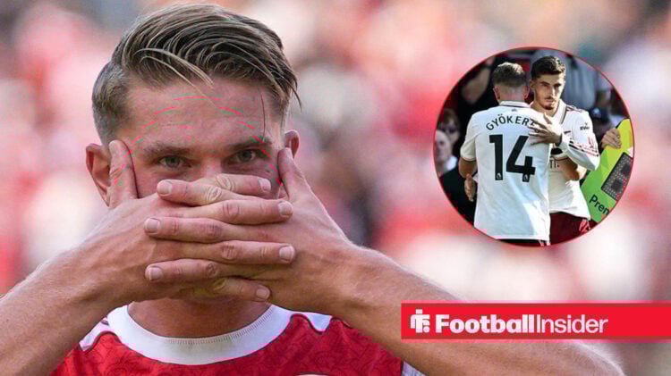 Viktor Gyokeres celebrating a goal for Arsenal, next to an image of Kai Havertz replacing him against Manchester United