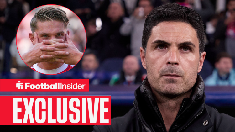 Arsenal striker Viktor Gyokeres next to an image of manager Mikel Arteta