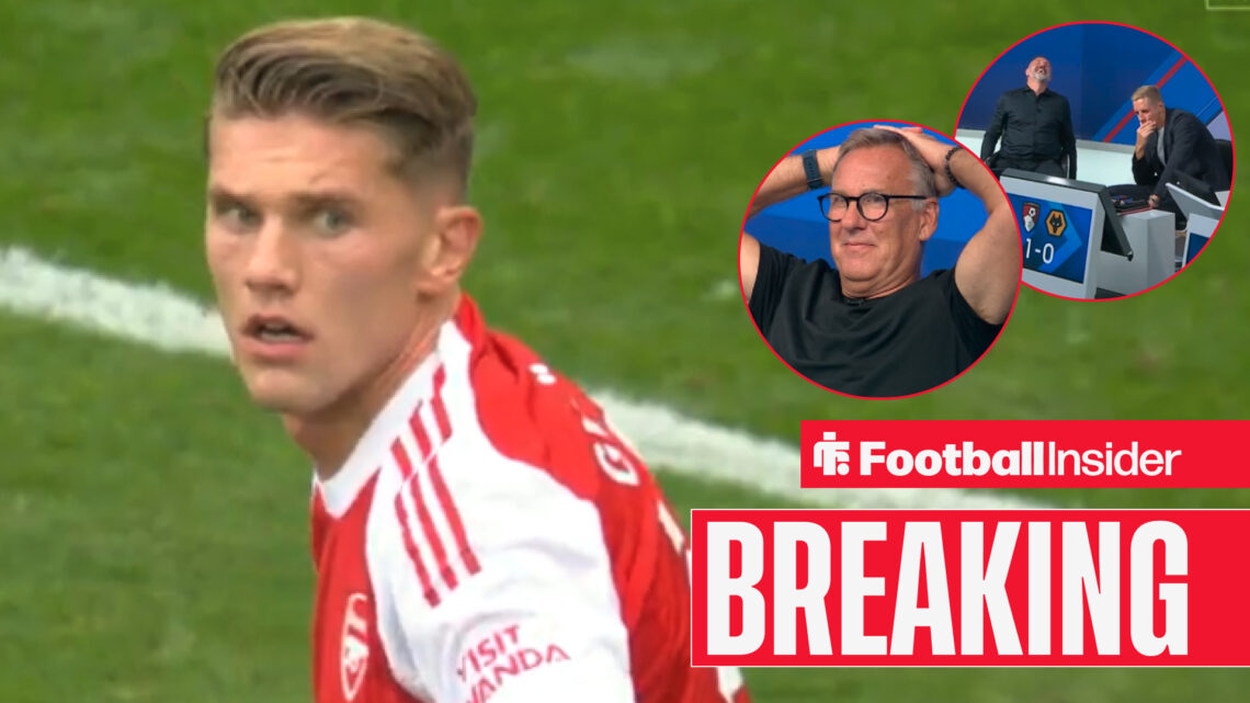 Viktor Gyokeres in action for Arsenal, Paul Merson has his hands on his head in a circular inset as Kris Boyd and Michael Dawson laugh in a circula...