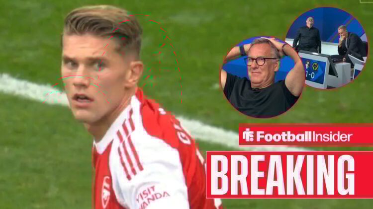Viktor Gyokeres in action for Arsenal, Paul Merson has his hands on his head in a circular inset as Kris Boyd and Michael Dawson laugh in a circula...