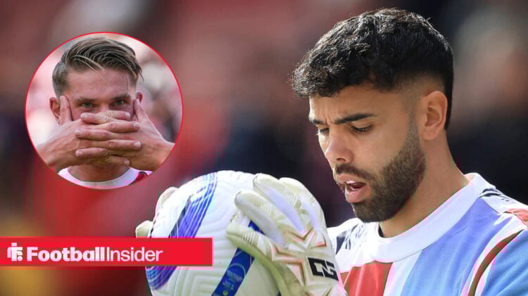 Arsenal goalkeeper David Raya warming up next to an image of Viktor Gyokeres.
