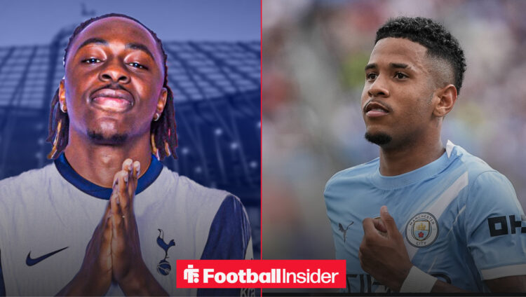An image of Eberechi Eze in a Tottenham shirt alongside Manchester City star Savinho
