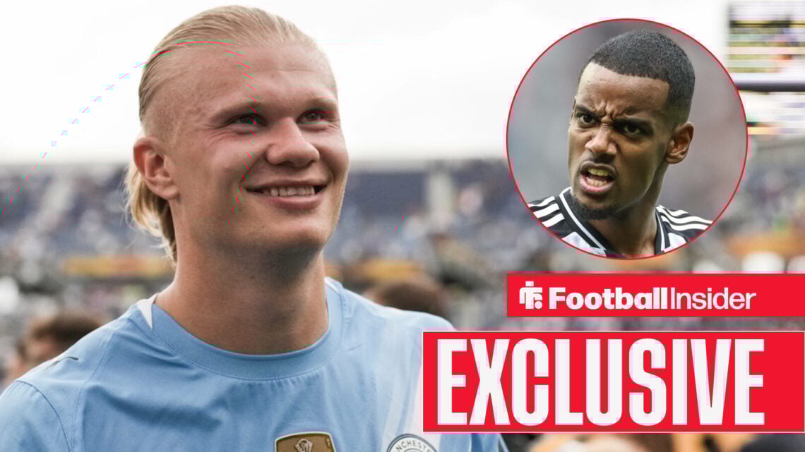 Exclusive news Man City striker Erling Haaland smiles at Newcastle striker Alexander Isak