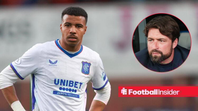 Rangers striker Hamza Igamane stood with his hands on his hips during a match, next to an image of Russell Martin