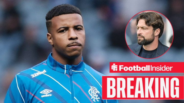 Hamza Igamane in the warm-up for Rangers, with Russell Martin in a circular inset