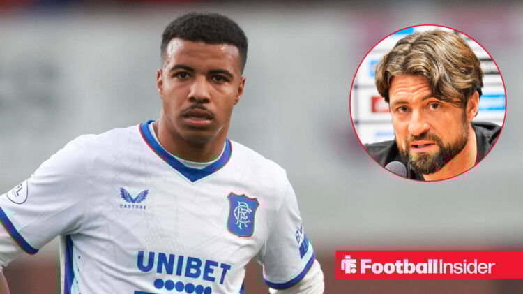 Hamza Igamane in a white Rangers shirt alongside a circle frame displaying an image of Russell Martin