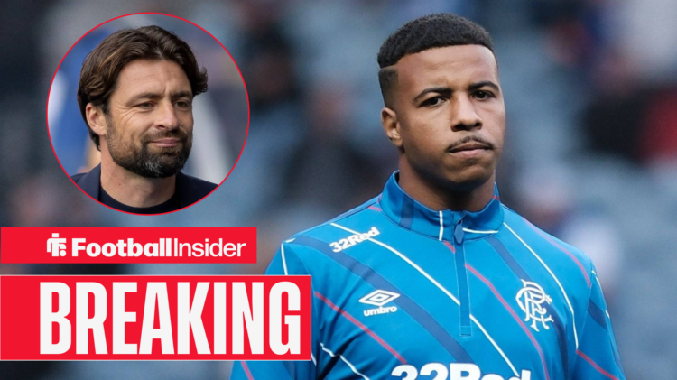Hamza Igamane warming up for Rangers, Russell Martin pictured in a circular inset