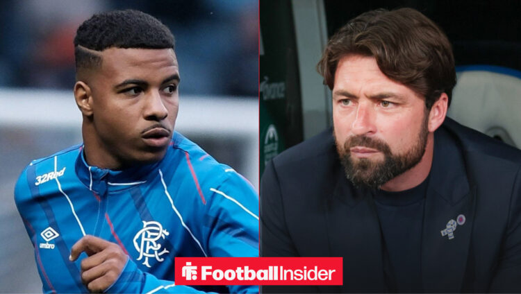 Hamza Igamane in a Rangers training jersey alongside Russell Martin in the Ibrox dugout