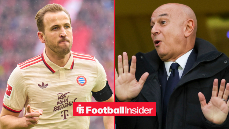 Harry Kane in a Bayern Munich shirt alongside Daniel Levy with his hands in the air