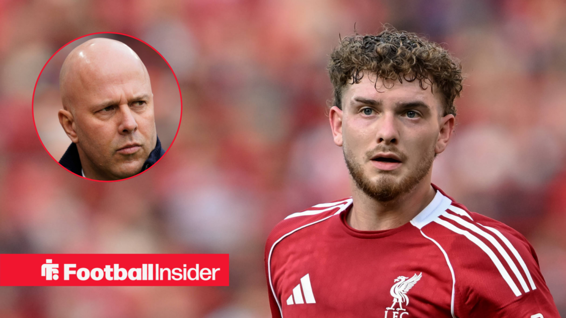 Liverpool midfielder Harvey Elliott in action alongside a circular inset of Liverpool manager Arne Slot