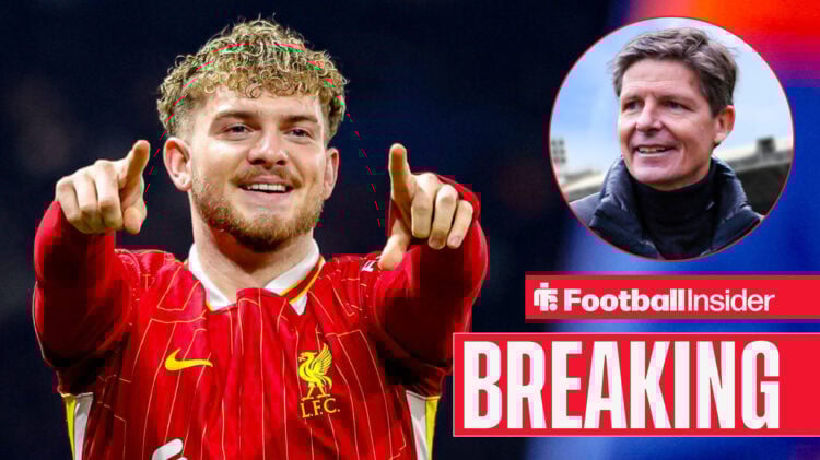 Harvey Elliott celebrating for Liverpool, with Oliver Glasner pictured in a circular inset