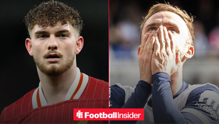 Liverpool's Harvey Elliott and Tottenham's James Maddison looking upset