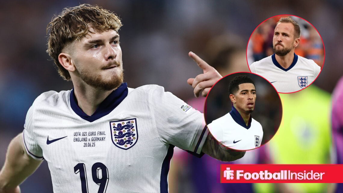 Harvey Elliott, Jude Bellingham and Harry Kane in England shirts