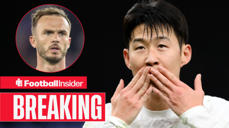 Son Heung-min and a head shot of Spurs midfielder James Maddison