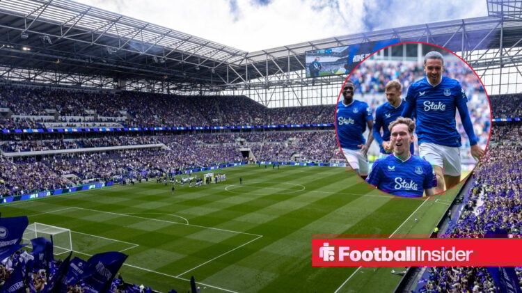 A view of Everton's Hill Dickinson Stadium, next to an image of James Garner and Jack Grealish celebrating.