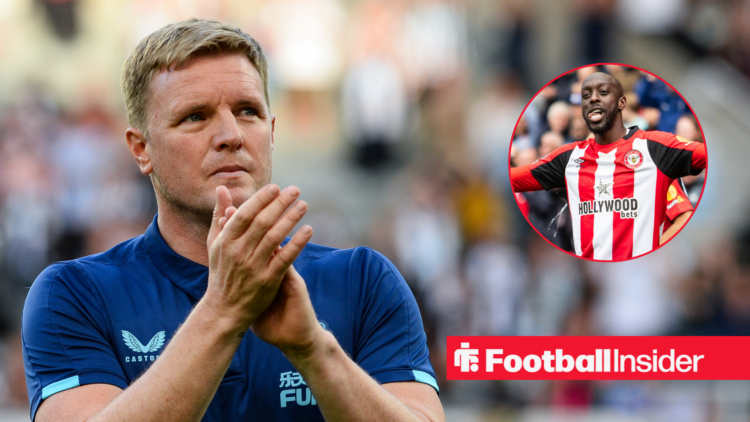 Eddie Howe applauding the Newcastle fans next to an image of Yoane Wissa