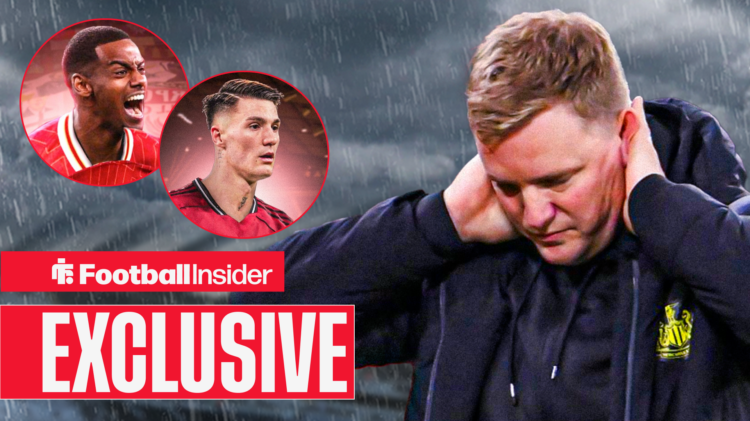 Exclusive news Newcastle manager Eddie Howe holds his head in his hands as Benjamin Sesko and Alexander Isak look on