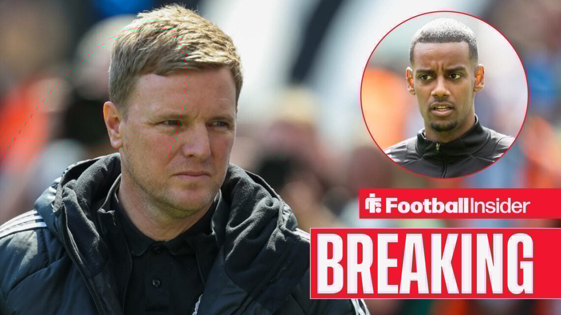 Eddie Howe looks at Newcastle striker Alexander Isak in circular inset