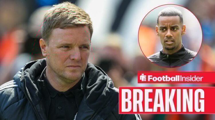 Eddie Howe looks at Newcastle striker Alexander Isak in circular inset