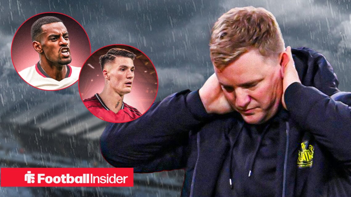 Newcastle manager Eddie Howe holds his head in his hands as Alexander Isak and Benjamin Sesko look on