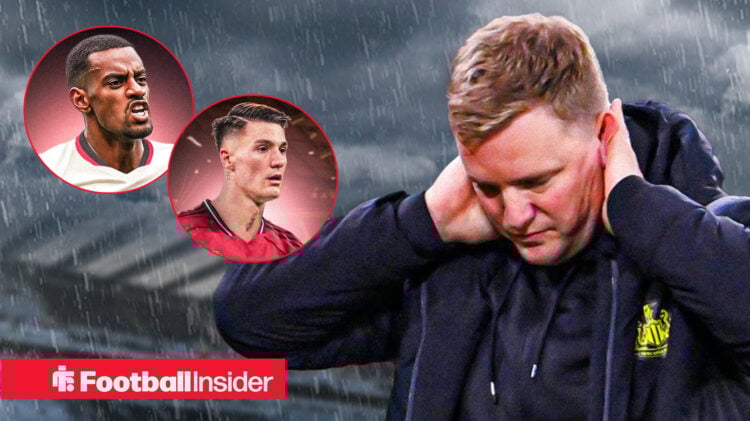 Newcastle manager Eddie Howe holds his head in his hands as Alexander Isak and Benjamin Sesko look on