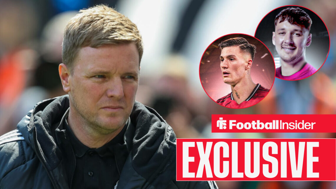 Eddie Howe looks on at Benjamin Sesko and James Trafford in circular insets with an exclusive news banner