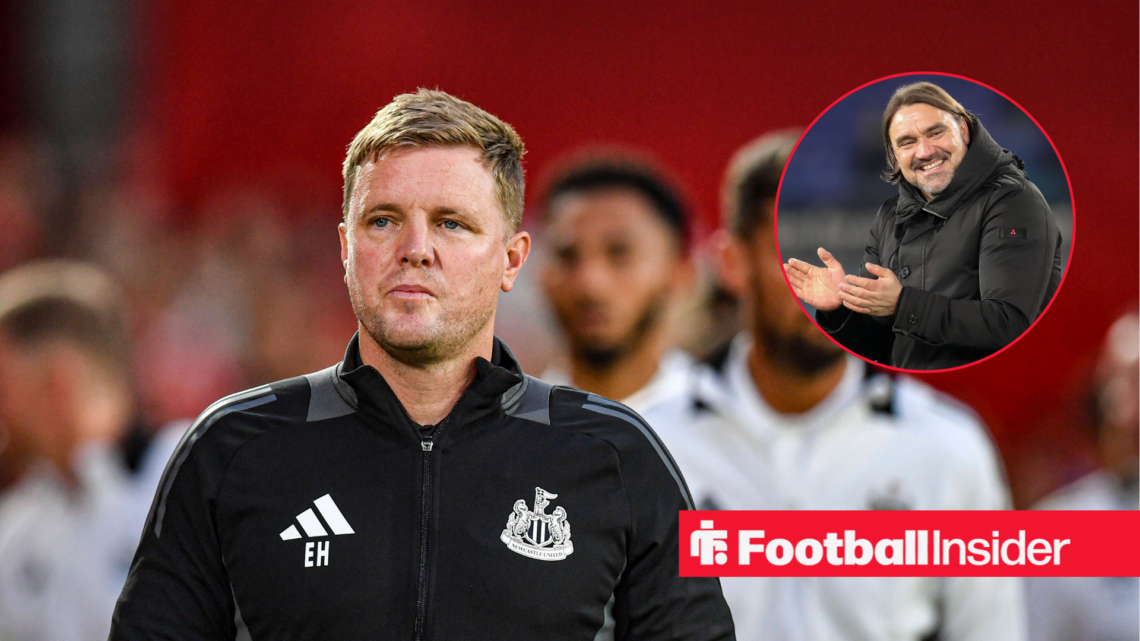 Eddie Howe in a Newcastle tracksuit, Daniel Farke in a coat in a circle