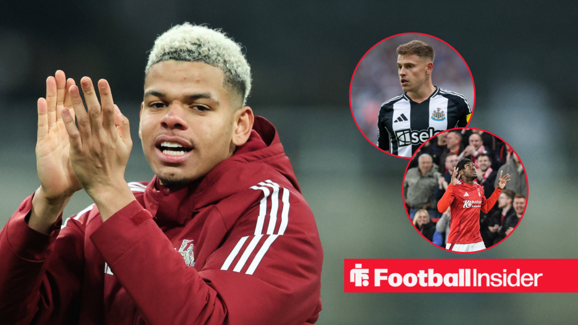 William Osula in a burgundy coat, with Harvey Barnes in a circle in a Newcastle kit and Anthony Elanga in a Nottingham Forest kit
