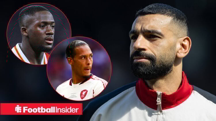 Mohamed Salah in Liverpool tracksuit alongside Ibrahima Konate and Virgil van Dijk