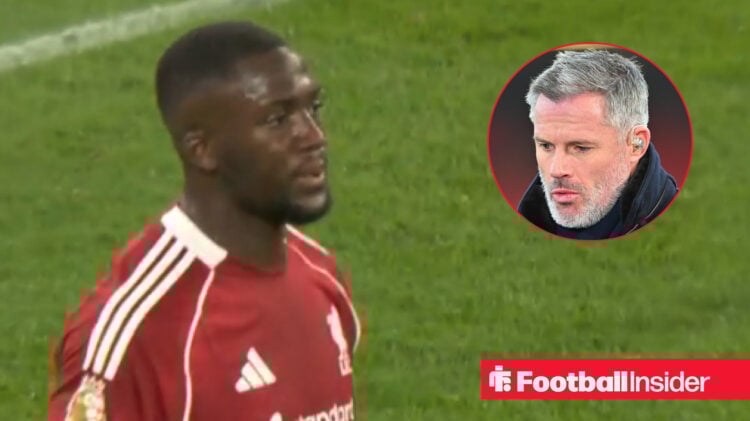 Ibrahima Konate on the left in red Liverpool shirt looking sad with Jamie Carragher on the right looking at him