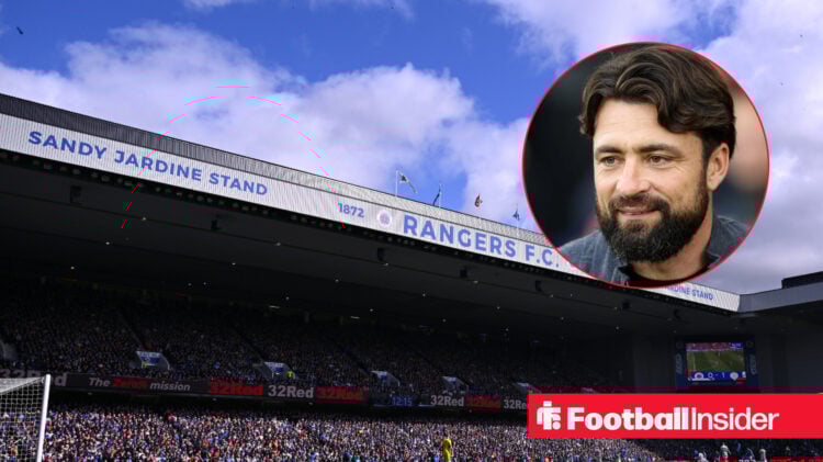 A headshot of Rangers boss Russell Martin with an image of Ibrox