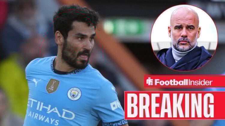 Ilkay Gundogan in action for Man City with Pep Guardiola in a circular inset