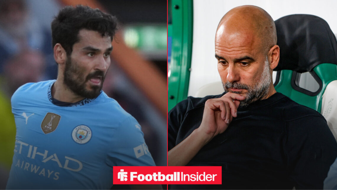 Ilkay Gundogan in a Man City shirt alongside Pep Guardiola thinking