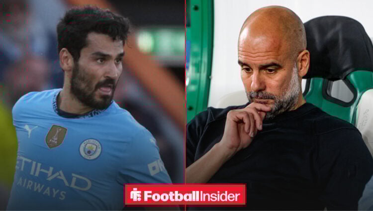 Ilkay Gundogan in a Man City shirt alongside Pep Guardiola thinking