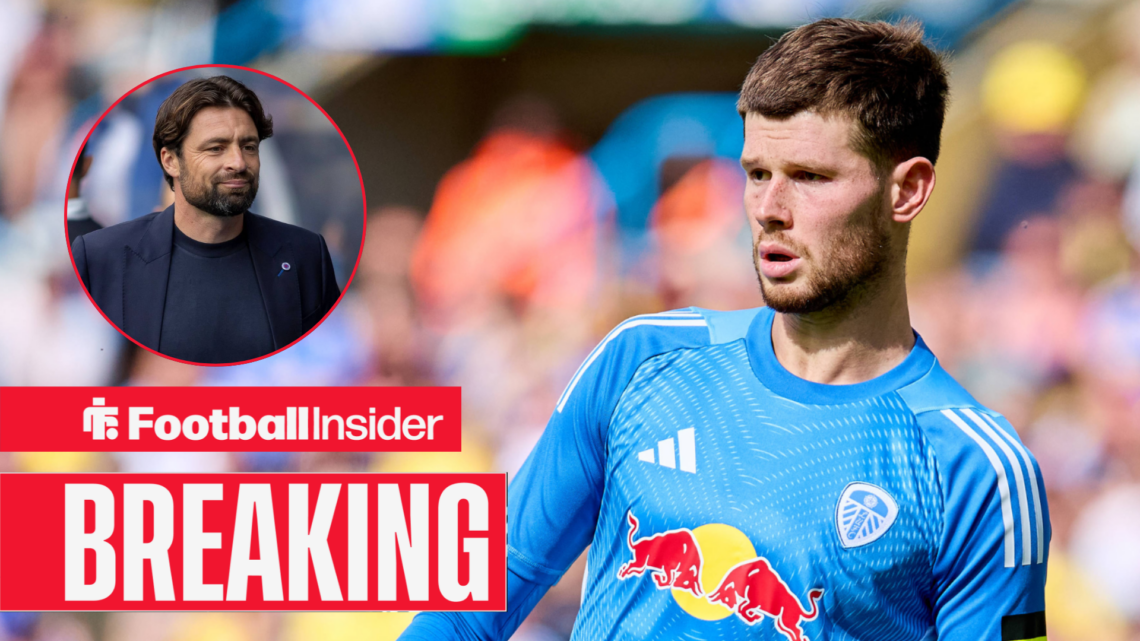 Illan Meslier in a Leeds United kit, Russell Martin in circular inset, breaking news banner