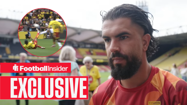 Imran Louza speaking on the Watford touchline, circular inset of his tackle on Jonathan Varane
