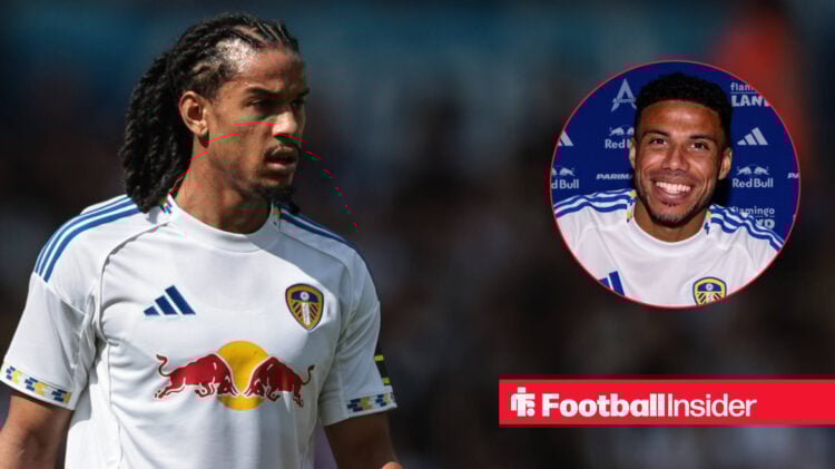 Isaac Schmidt in action for Leeds, next to an image of new signing James Justin